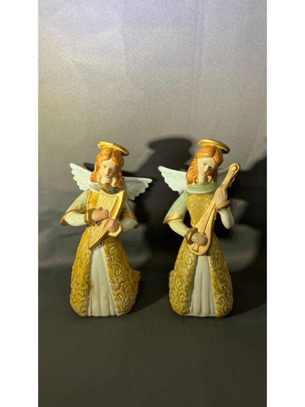 Set Of 2 Angel Figurines With Harp & Mandolin Gold Accents